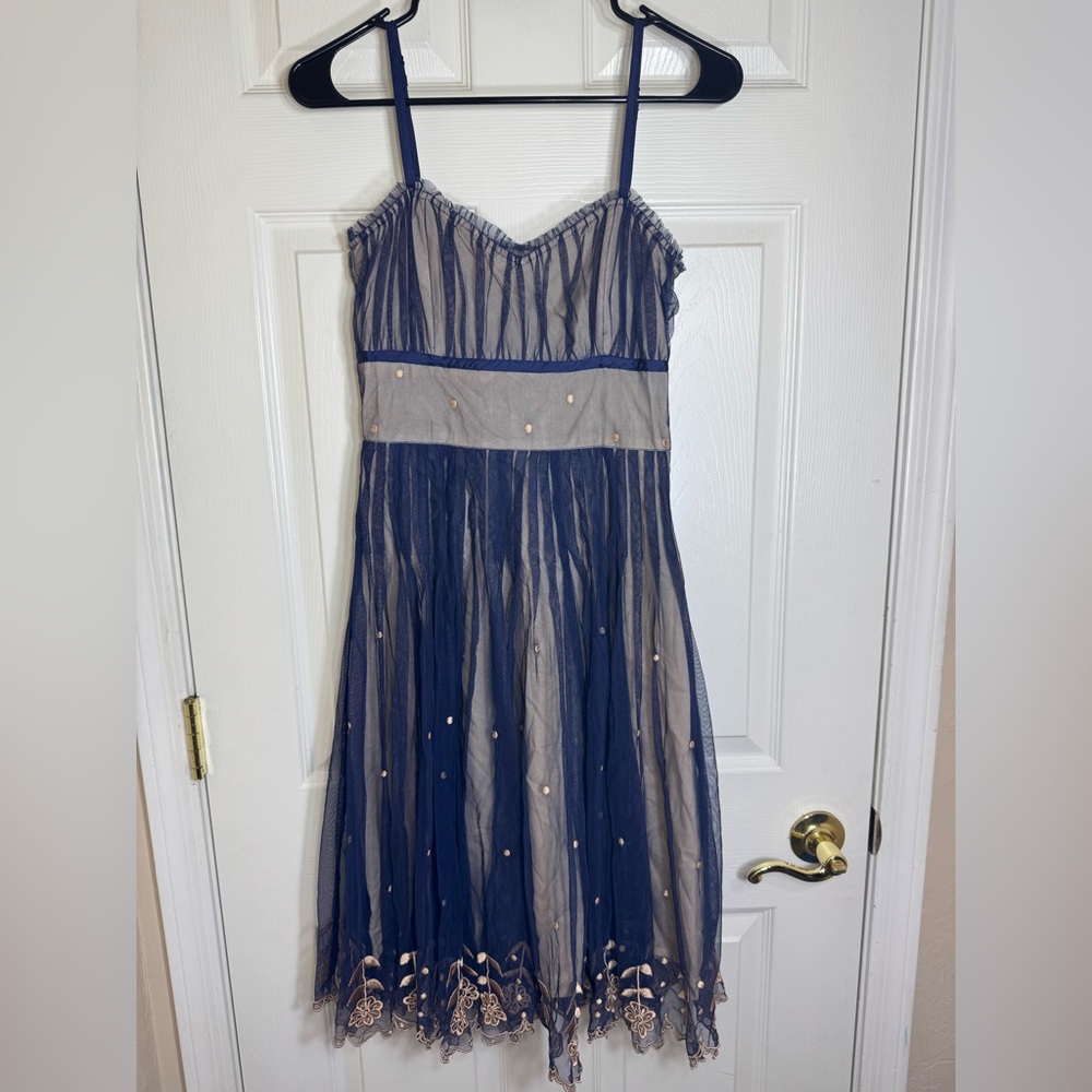 Odille Embroidered‎ Tulle Midi Dress Size 2 Balletcore Navy Mesh Silk Trim